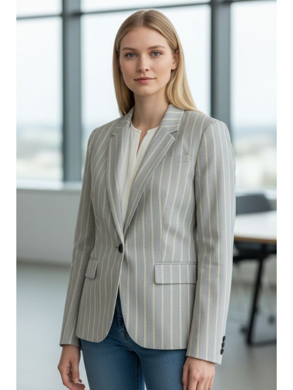 Banana Republic Striped Womens Jacket Blazer Size 4 Gray Yellow NEW Linen Blend
